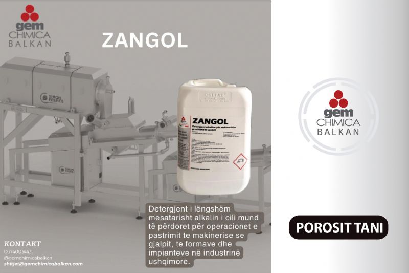 ZANGOL për pastrimin e impianteve ushqimore, Detergjent për makineritë e gjalpit, Pastrues alkalin për industrinë ushqimore, Detergjent profesional për yndyrat dhe proteinat, Pastrues për forma dhe linja prodhimi